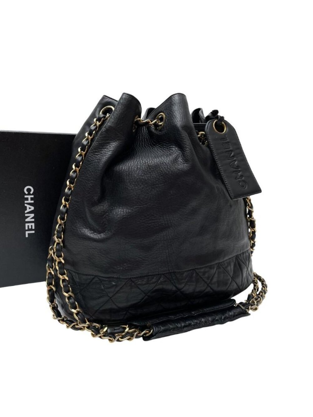 Chanel Quilted Lambskin Drawstring Chain Shoulder Bag Black